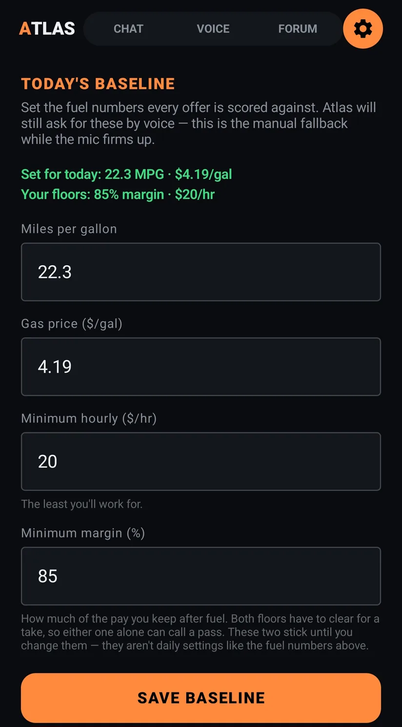 Atlas settings: today's baseline, 22.3 MPG at $4.19 a gallon, floors of 85% margin and $20 an hour.