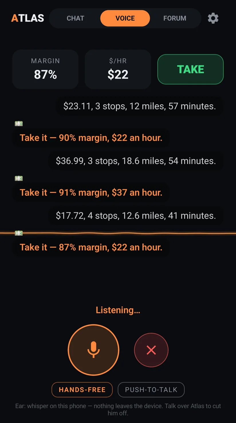 Atlas voice: three offers scored in a row, 90% margin at $22 an hour, 91% at $37, 87% at $22, each answered take it.